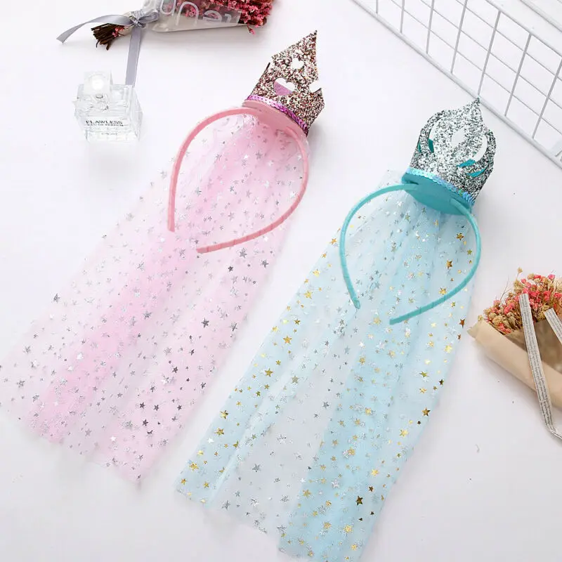 

2019 New Fashion Baby Kids Girls Birthday Sequin Crown Hat Princess Veil Headband Hairbands Stage Party Pageant Props