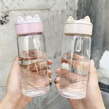 

Ins Cute Coco Cat Glass Creative Cat Ear Shaped Lid Resistant To High Temperature Water Bottle Outdoor Travel Portable Juice Cup