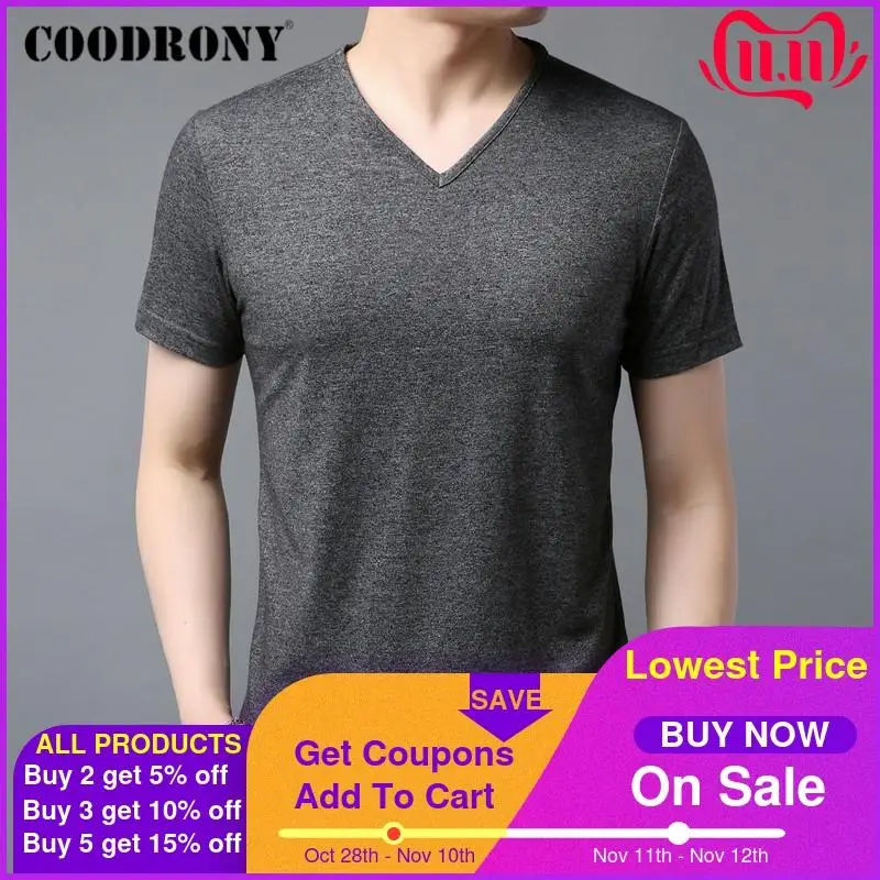 

COODRONY Brand Classic Pure Color V-Neck T Shirt Men Spring Summer Short Sleeve T-Shirt Cotton Bottoming Tee Shirt Homme C5047S