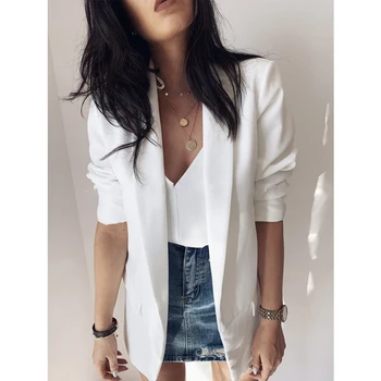 

CINESSD Lapel Solid Suits Blazer Coats Office Lady Work Long Sleeve Fake Pocket Black Casual Loose Jackets Women Business Blazer