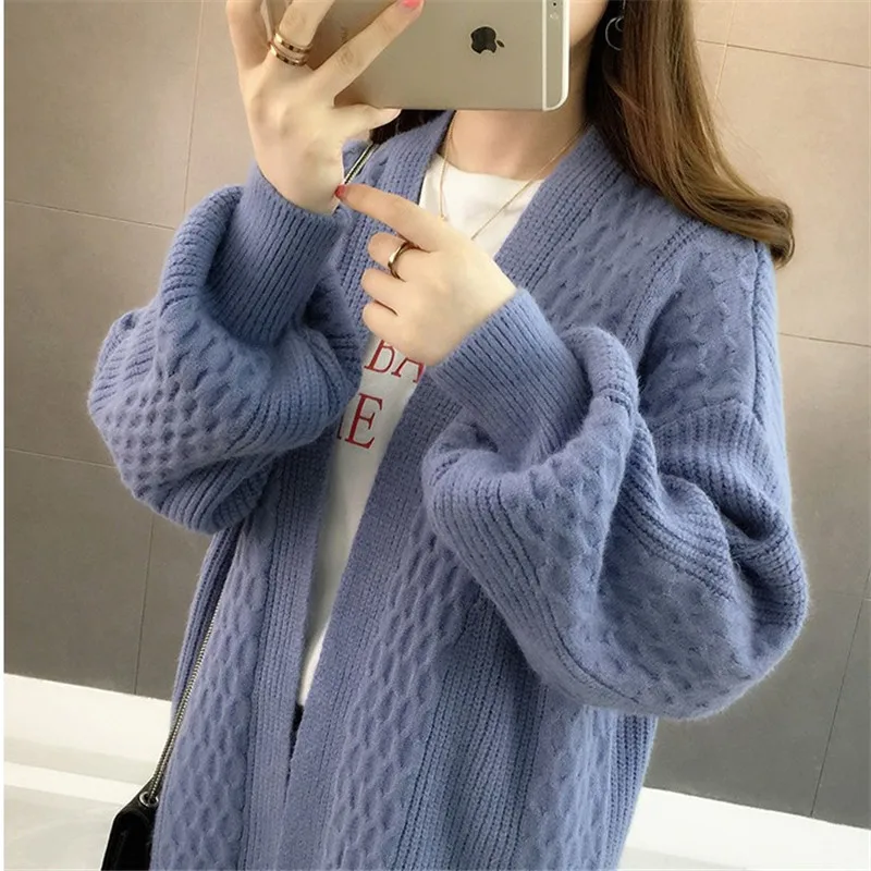 blue Женский вязаный свитер, осенний, удобный, синий, красный, черный кардиган, рукав-фонарик, открытая строчка, Повседневный свитер для девочек, Invierno, Свободный кардиган - Цвет: blue