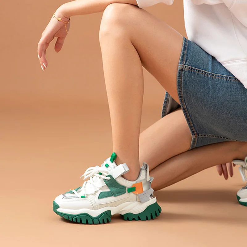 BeauToday Chunky Sneakers Women Split Leather Mesh Patchwork LaceUp Thick Sole Comfy Lady Shoes Handmade 29383