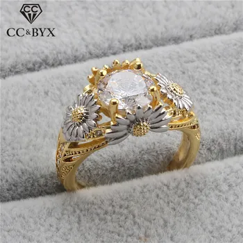 

CC Solid 925 Silver Rings For Women Delicate Luxury Fashion 2.2ct Cubic ZIrconia Round Stone Golden Chrysanthemum Jewelry CC1602