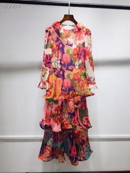 

Women Floral Print Dress New O-Neck Flare Sleeves Empire Ruffles Slim Fashion Autumn 2020 Hot Sale High Quality Dress