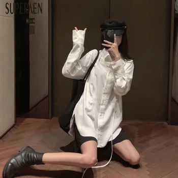 

SuperAen 2020 Spring New Fashion Shirt Female Solid Color Cotton Casual Ladies Blouses and Tops Wild Drawstring Long-sleeved