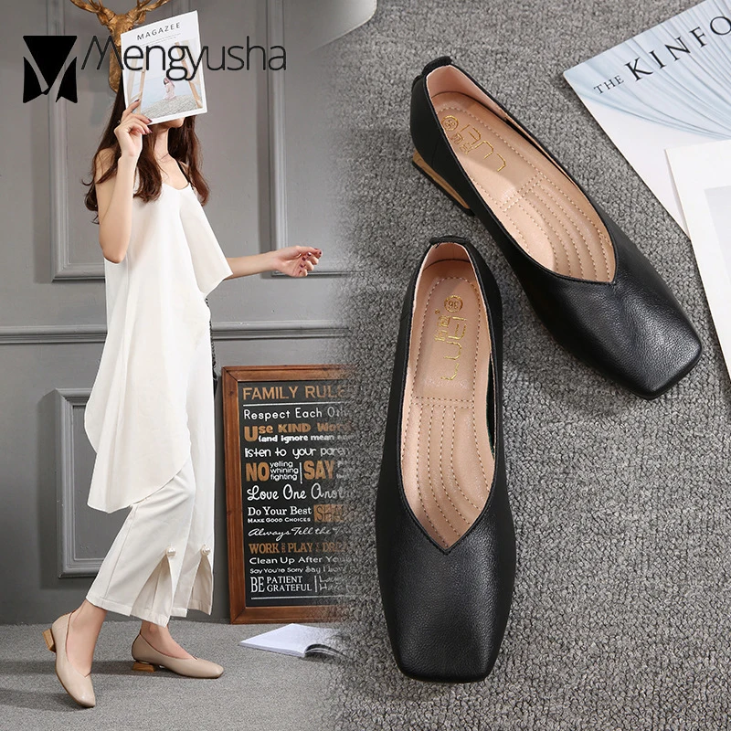 

brief solid single shoes woman autumn new trendy shallow square toe soft leather loafers plus size chunky office lady moccasins