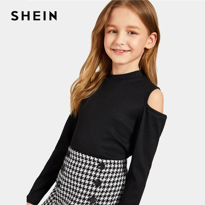 SHEIN/Детский комплект из двух предметов: черная трикотажная футболка с открытыми плечами и юбка в ломаную клетку, г. Осенний повседневный комплект из двух предметов с длинными рукавами