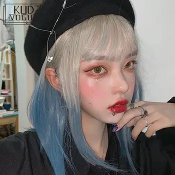

Blue Gray Color Gradient Wig With Cute Bob Bangs Staight Lolita Cosplay Wigs Heat Resistant Synthetic Hair Anime Party Hair 42cm