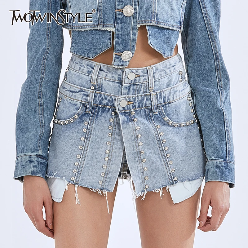 

TWOTWINSTYLE Patchwork Rivet Tassel Denim Shorts For Women High Waist Sexy Wide Leg Shorts Fashion New Tide Clothing 2020 Summer