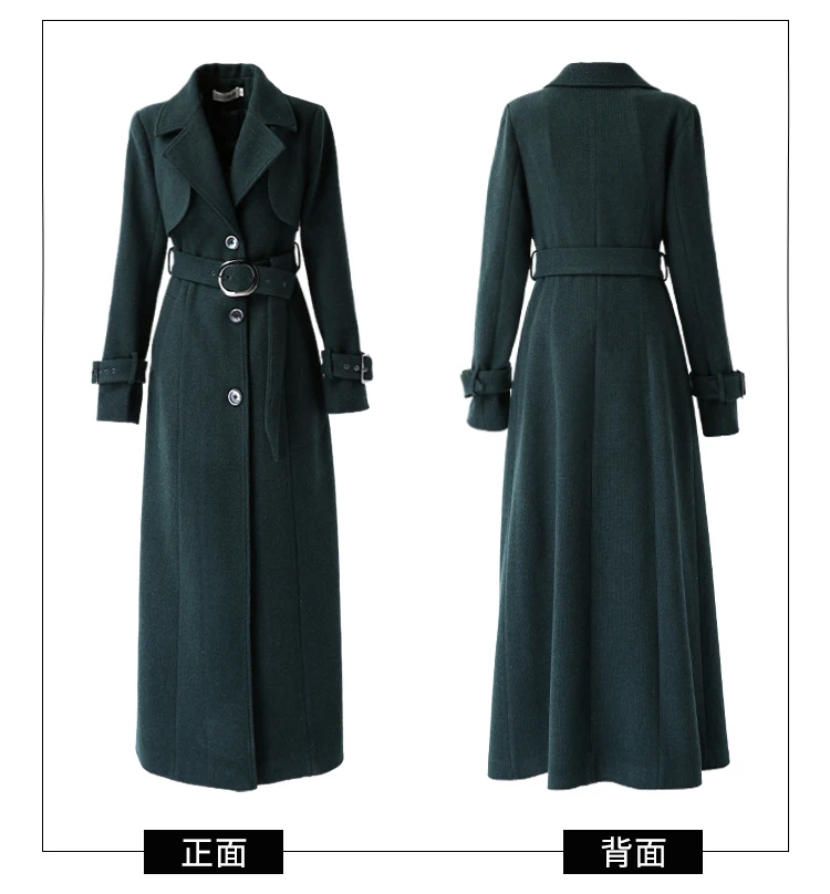 Winter Coat Women New Dark Green Wool Coat Female Turn-down Collar Single Breasted High Quality Plus Size Long Outerwear