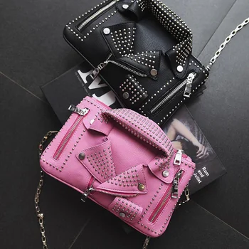 

2019 Punk PU Leather Women Gothic Bags Clutch Rivet Motorcycle Shoulder Bag Messenger Totes Handbag Chain Crossbody Jacket Bag