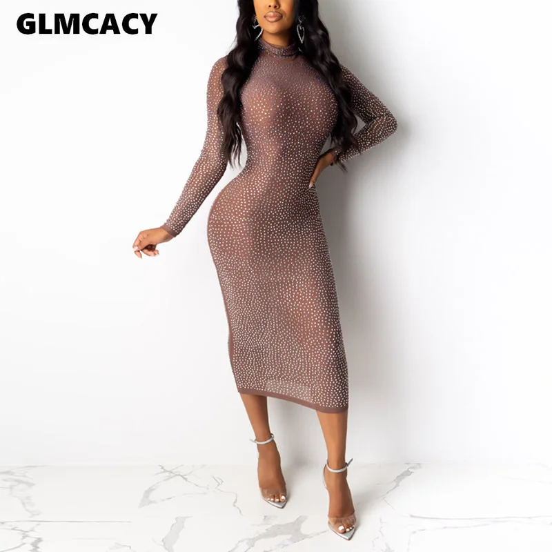 

Women Sexy Turtleneck Diamonds High Waist Skinny Long Dress Autumn Elegant Solid Slim Long Sleeve Mid-calf Dress