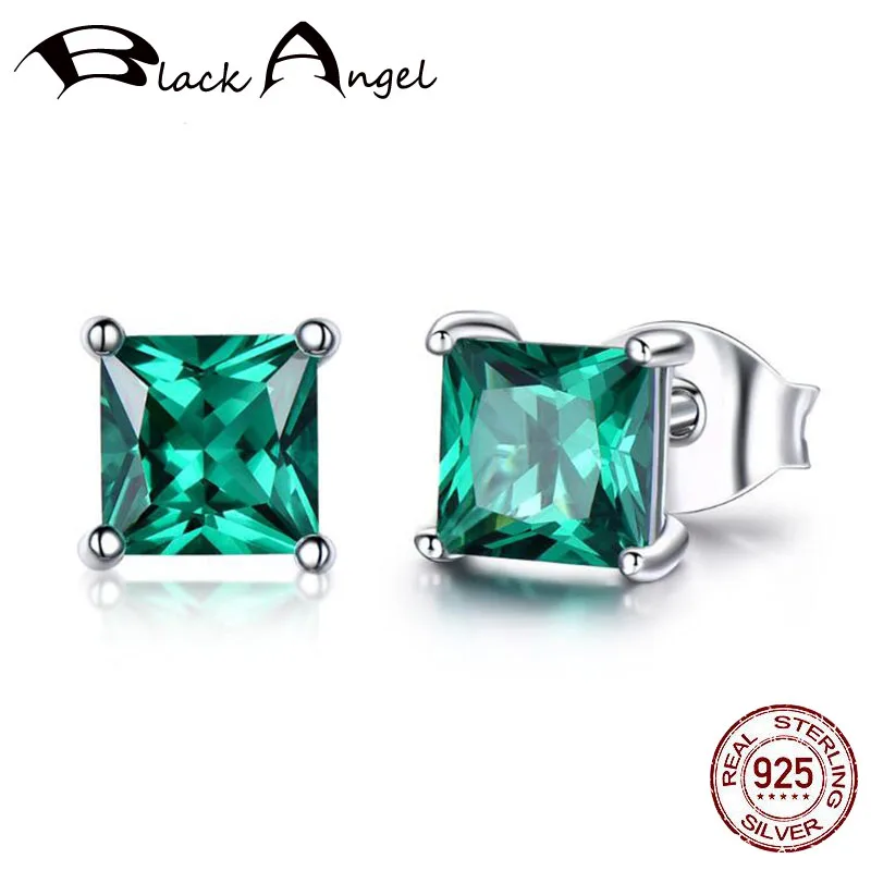 

100% 925 Sterling Silver Emerald Stud Earrings for Women Princess-Cut Fashion Jewelry Gemstone Birthstone CZ Wedding Earrings