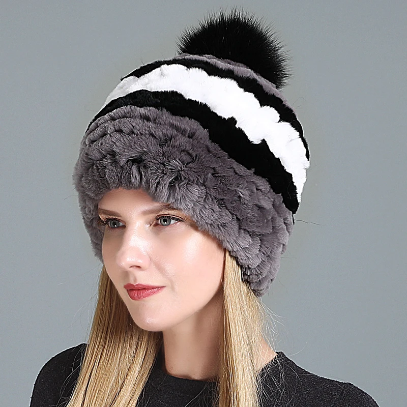 

New Russian Women Natural Rex Rabbit Fur Hat Winter Real Rex Rabbit Fur Cap Girl Striped Big Fox Fur Ball Real Fur Knitted Caps