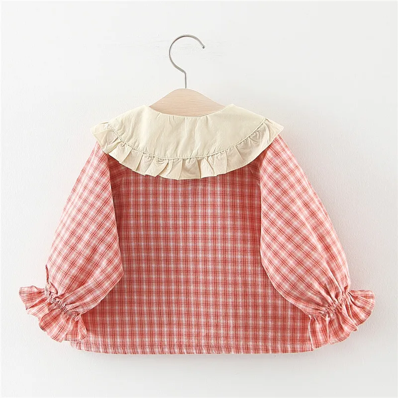 TSweet Style Girls Blouses Embroidery Baby Girl Long Flare Sleeve Shirts Plaid Print Casual T-Shirt Tops Blouse Kids Shirts