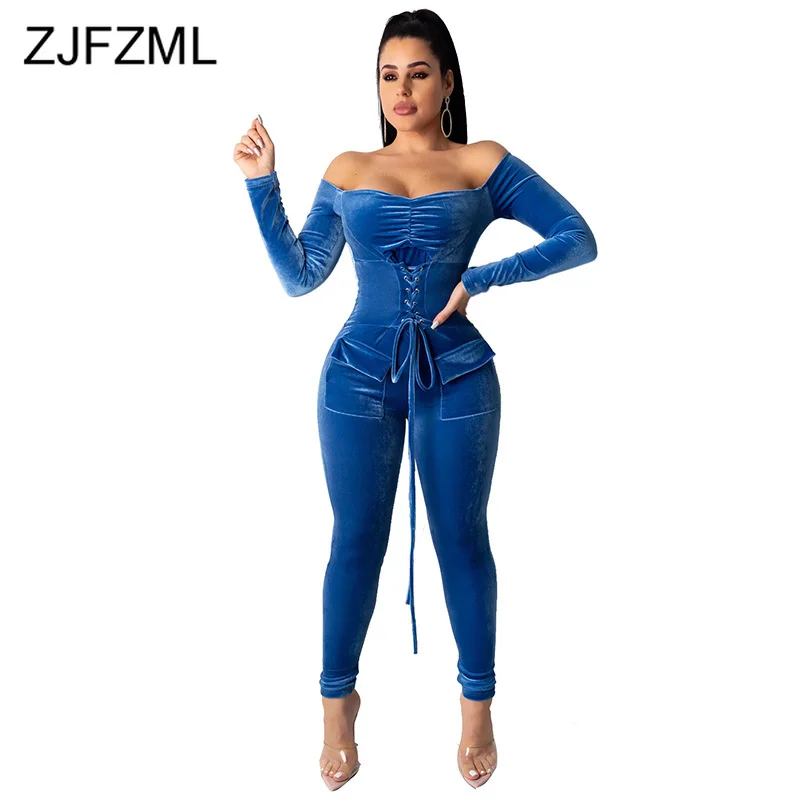 

Off Shoulder Lace Up Sexy Velvet Bodysuit Women Long Sleeve Open Back Solid Bodycon Jumpsuits Elegant Bandage One Piece Romper