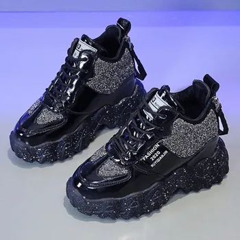 

2020 spring woman fashion round toe PU lace-up sneakers women wedge vulcanized shoes ladies high heel sport shoes