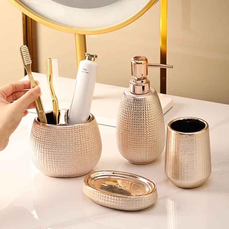 

Ceramic Bathroom Set Lotion Bottle Soap Dish Electroplating Process Toiletries Toothbrush Holder Gargle Cup Hotel Housewares