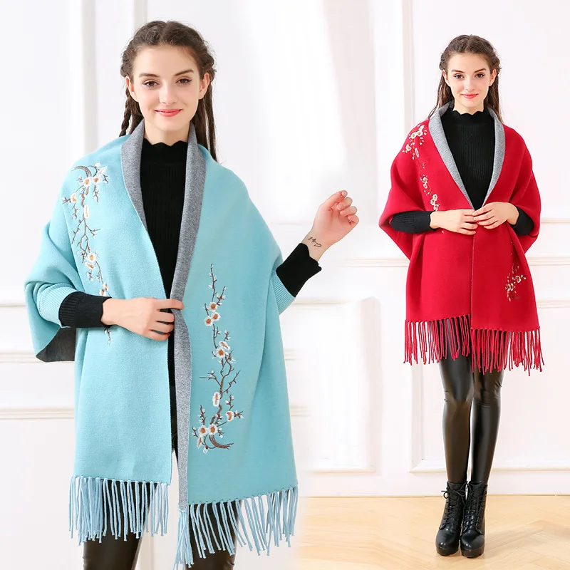 

Women's Fashion Embroidery Floral Tassel Knitted Shawl Wrap Plus Size Cardigan Poncho Cape Pashmere Winter Sweater Coat Mujer