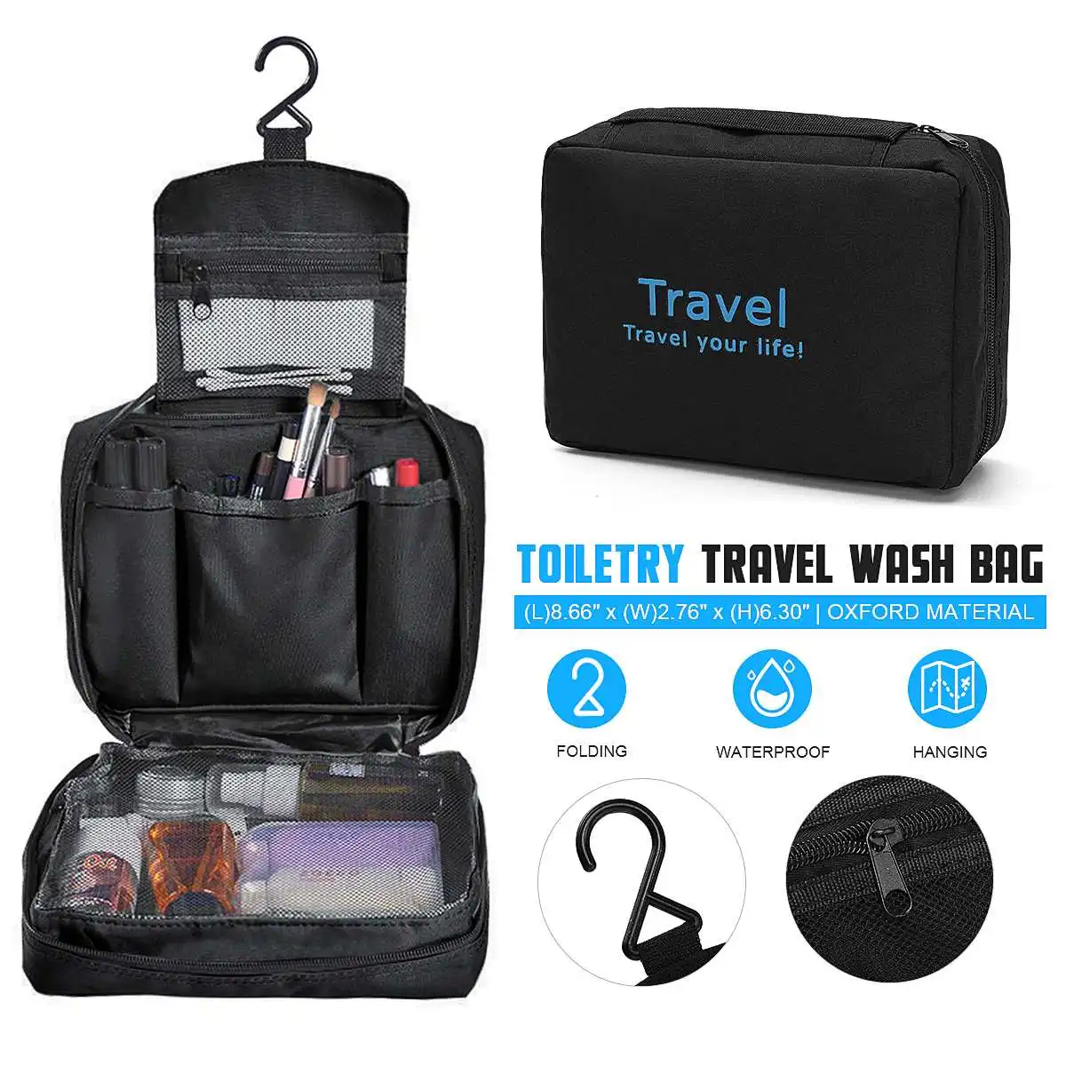 

Mens Travel Hanging Toiletry Wash Shower Bag Organizer Kit Case Carry Tote Black Cosmetics Make Up Sturdy Hanging Hook Bag