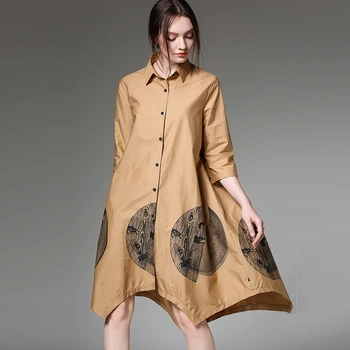 

2019 Early autumn new Large size ladies' irregularity show thin pure cotton Printed mid-sleeve shirt fashion Elegant shirt