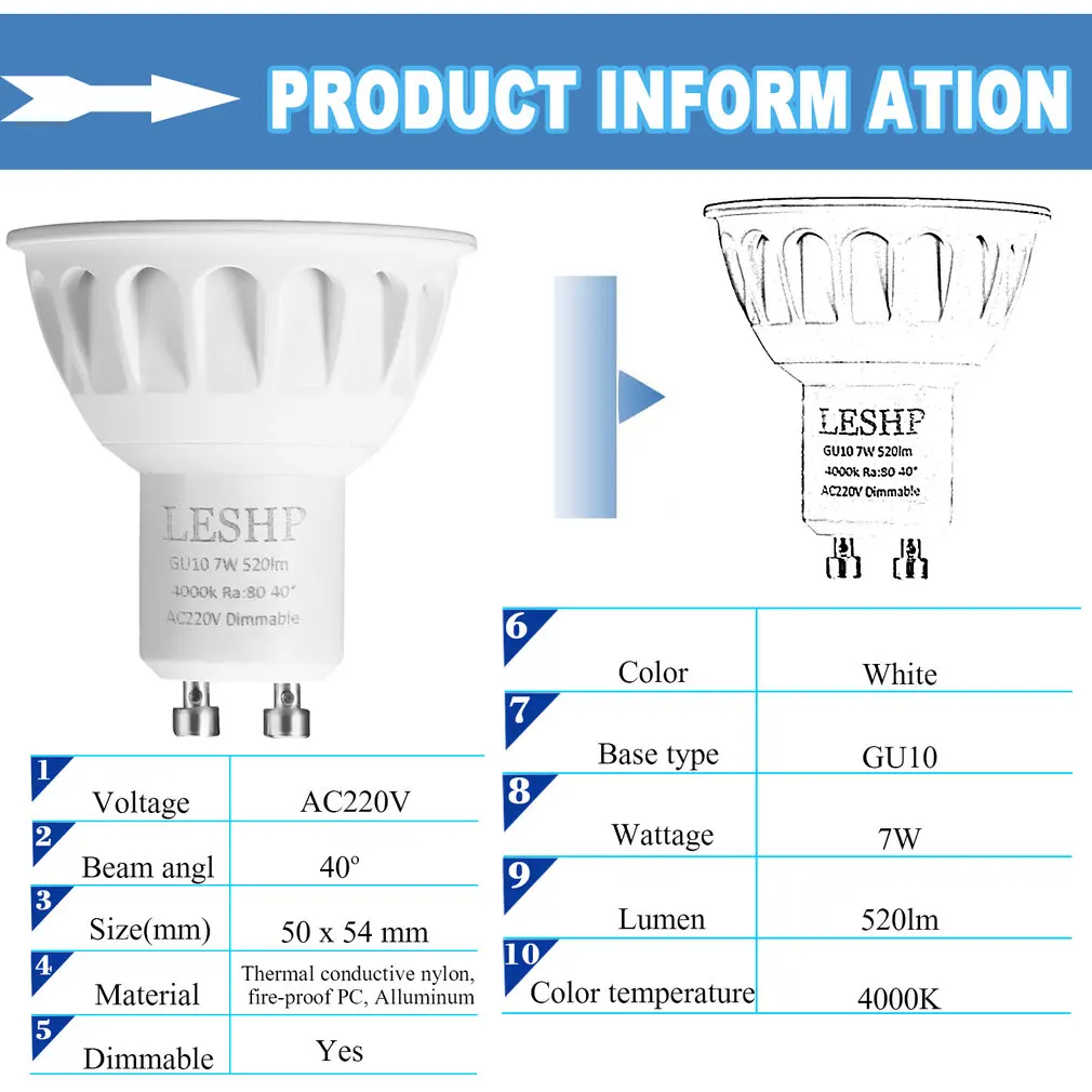LESHP белый GU10 AC220V 7W Светодиодный точечный светильник 4000K 520LM с регулируемой яркостью 40 градусов угол луча низкое энергопотребление Компактный светильник