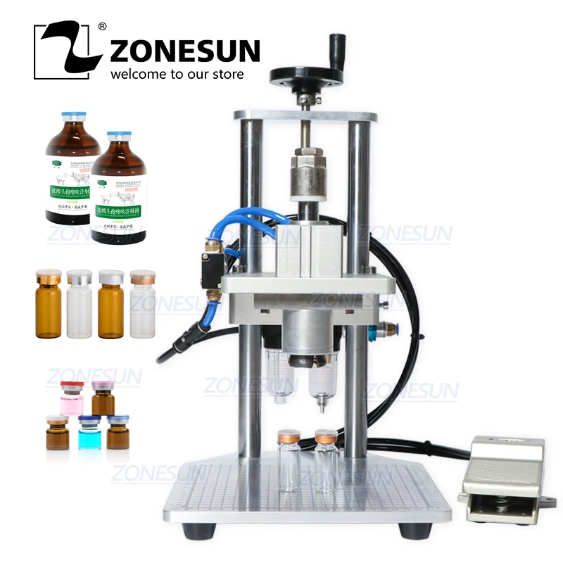 

ZONESUN Pneumatic Oral Liquid Penicillin Antibiotic Injectable Bottle Capper Aluminum Plastic Glass Vial Crimper Capping Machine