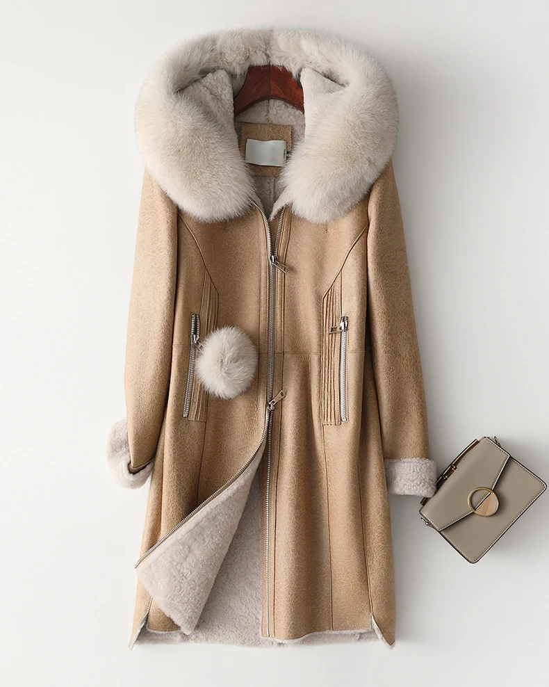 New Arrival Real Sheepskin Lady Coat With Fox Fur Collar With Long Sleeve Zipper Elegent Style Thick Warm Fur