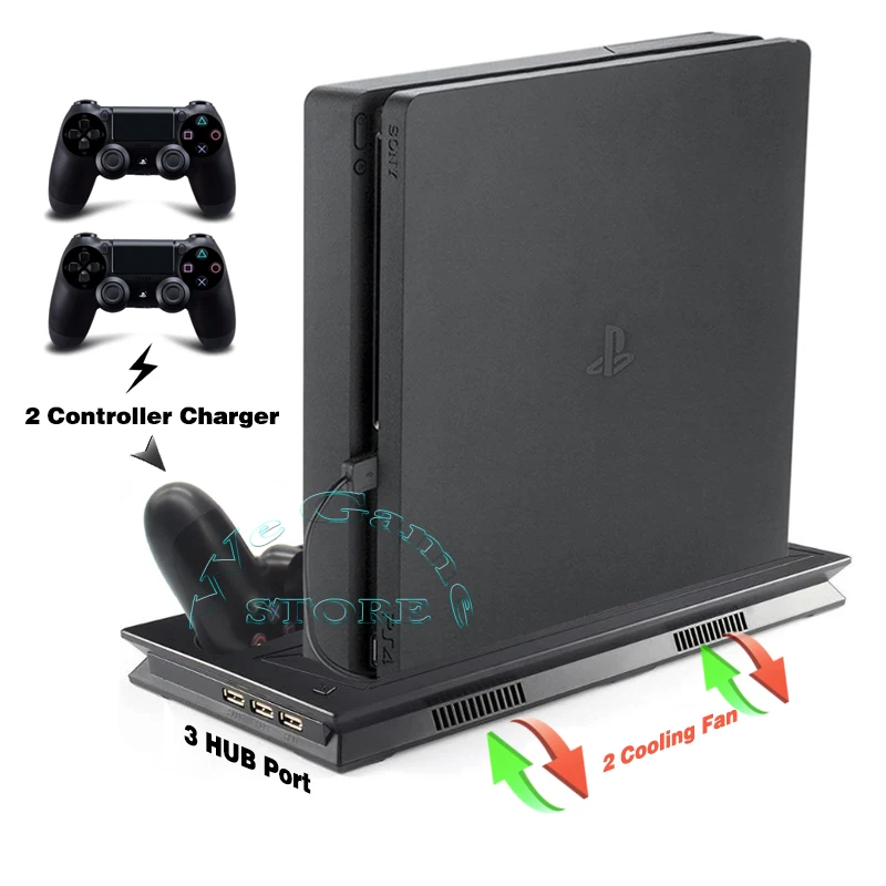 PS4 Slim Console Vertical Stand Support with Cooler Cooling Fan Gamepad Charger Dock for Sony Playstation