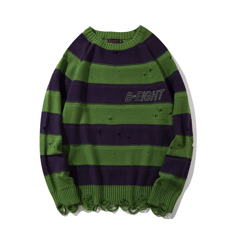 Полосатый цветной блок мужской свитер свободный большой размер личность отверстие подол свитер пуловер размера плюс дизайнерская Рождественская одежда - Цвет: Зеленый