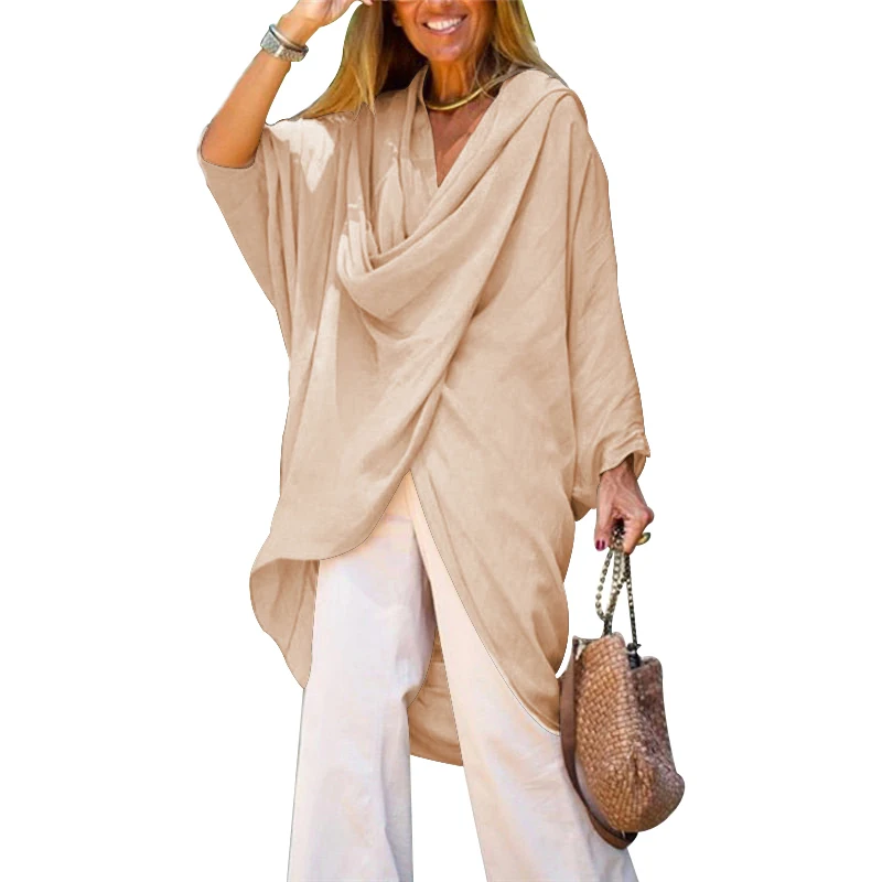 ZANZEA размера плюс Blusas Mujer винтажные женские длинные блузки 3/4 с рукавом повседневные Хлопковые Туники Топы свободные Асимметричные рубашки с воротником-хомутом - Цвет: Бежевый