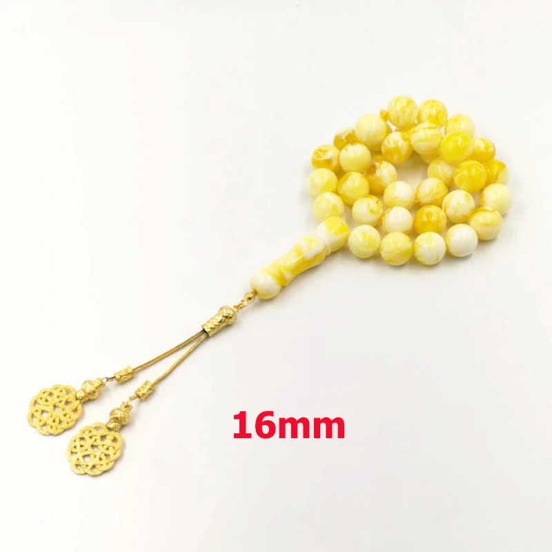 33 Beads16mm Турецкий Дизайн ambers большой Tasbih 33 смолы бусины желтый цвет tesbih металлические кисточки высокого качества ислам браслеты мусульманские четки - Окраска металла: 33 Beads16mm