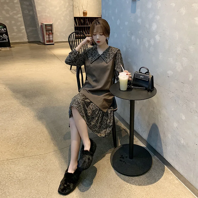 

2020 Spring Clothing New Style Chiffon Floral-Print Joint Mock Two-Piece French Platycodon Grandiflorum Skirt Long-sleeved Dress