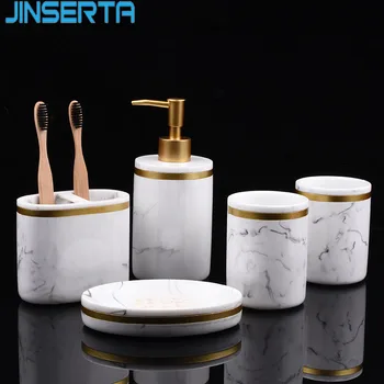 

JINSERTA 5PCS Marbled Bathroom Set Washing Bottle Mouthwash Cup Soap Toothbrush Holder Household Decoration Accessory Articles