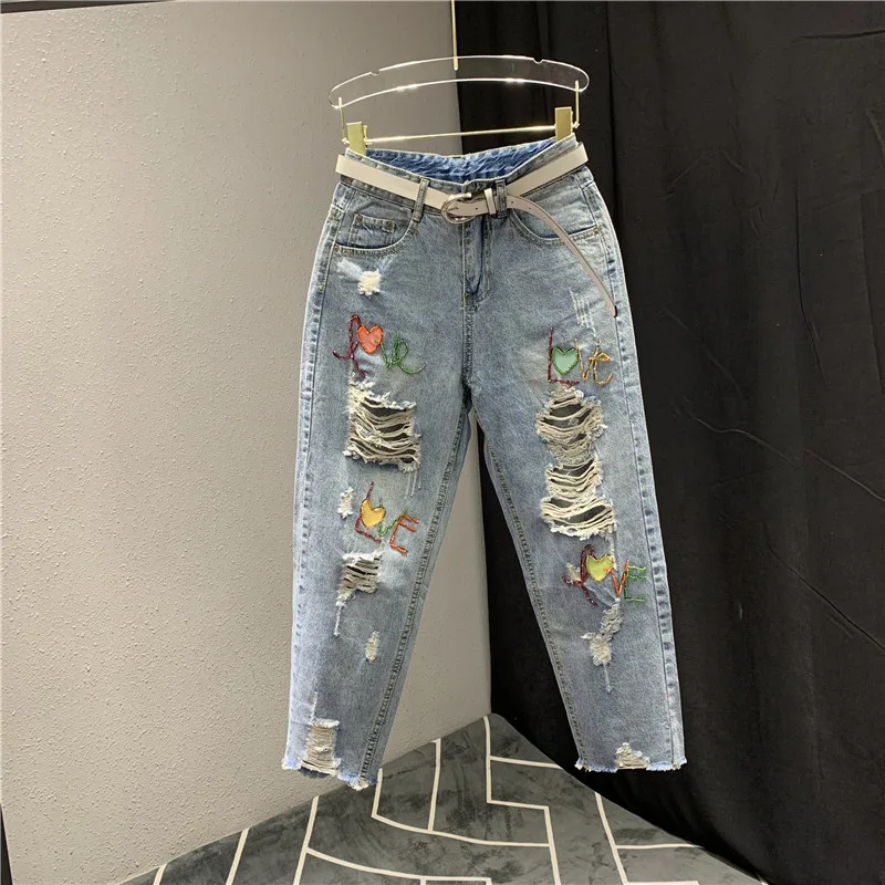 

2020 Spring Summer New European Style Loose Jeans Woman Ripped Jeans Personality Pattern Harem Pants Boyfriend Jeans for Women