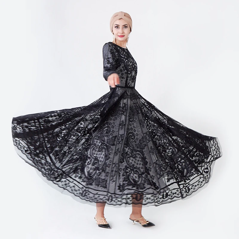 Black Lace dress Абая для женщин вечерние кружева черный Дубай абайя турецкий хиджаб Musulmane Femme мусульманское платье исламское одежда Кафтан Халат - Цвет: Black Lace dress