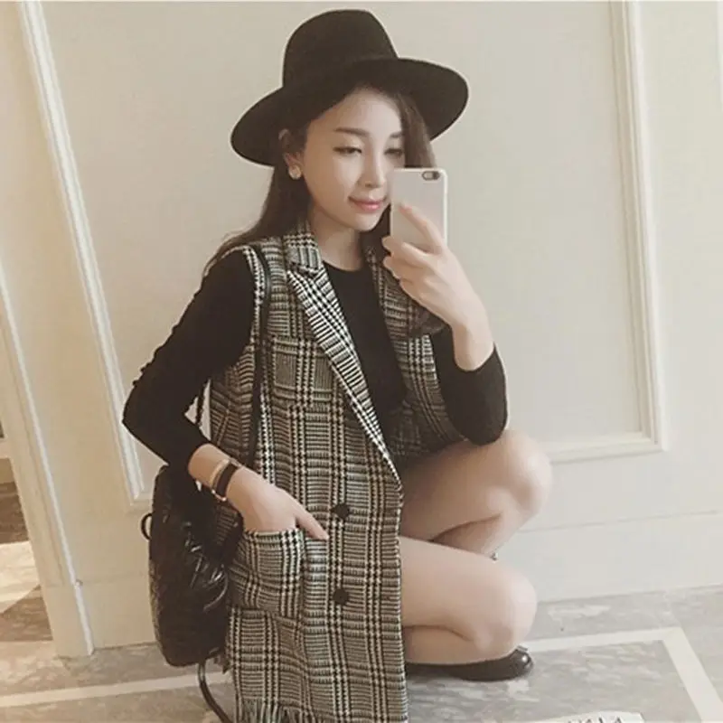 Женский Ретро твидовый в клетку жилет гусиная лапка с кисточками карманы без