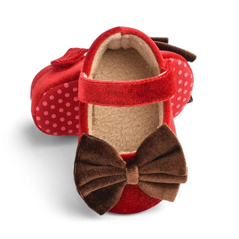 Cute Velvet Flock Princess Bow Shoes Toddler Baby Girls Mary Jane Flats Soft Sole Non-Slip Infant Kids Prewalkers