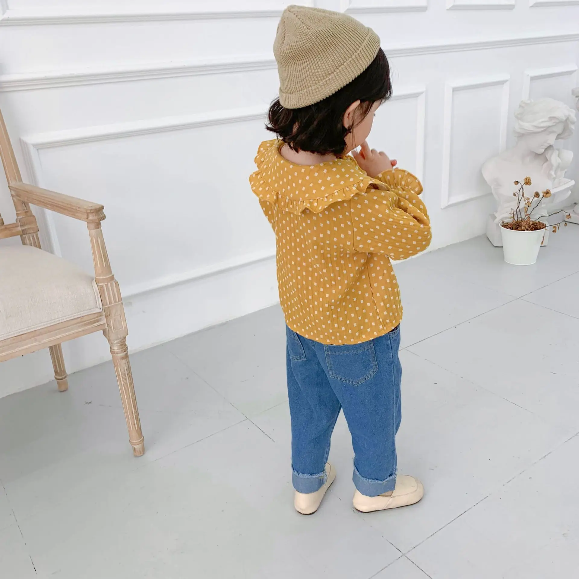 Детская рубашка в Корейском стиле для девочек на весну и осень, в западном стиле, с длинными рукавами, маленький жаккардовый хлопковый льняной двойной ткани, рубашка для девочек