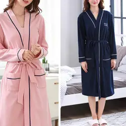 Women Soft Solid Color Sleepwear Fashion Long Sleeve Pockets Bath Robe Home Gown Sleepwear