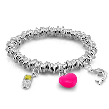 

Bohemia Simple women fashion silver red heart-shaped solid 925 sterling silver bracelet dolphin pendant jewelry accessories