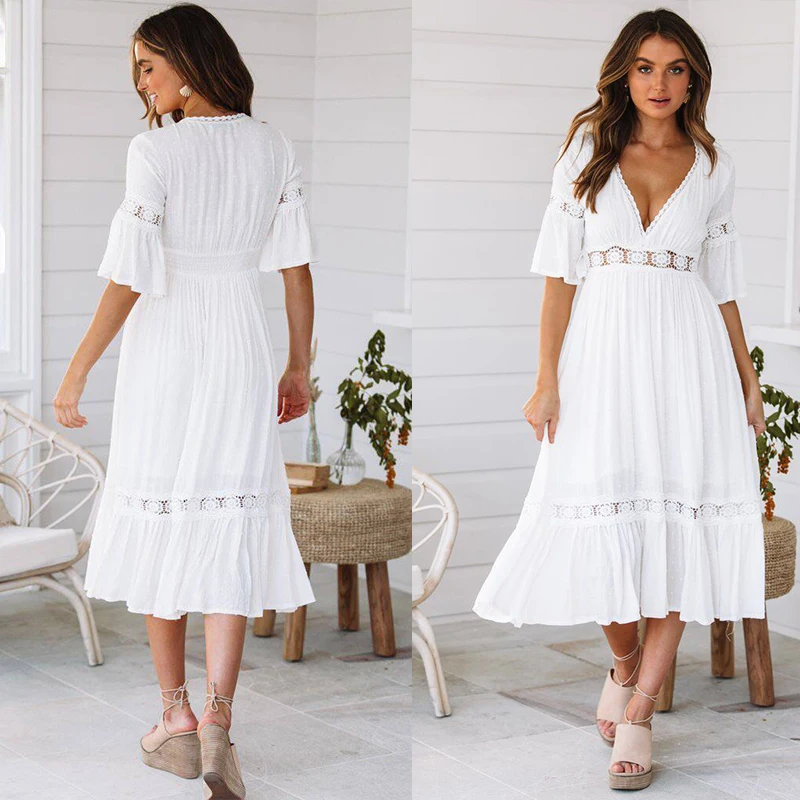 

Fashion Dress Female V-neck Five Sleeve Women Clothes Solid Clolor Seaside Holiday Dress Women Elegant Plus Size Dress 2019 New
