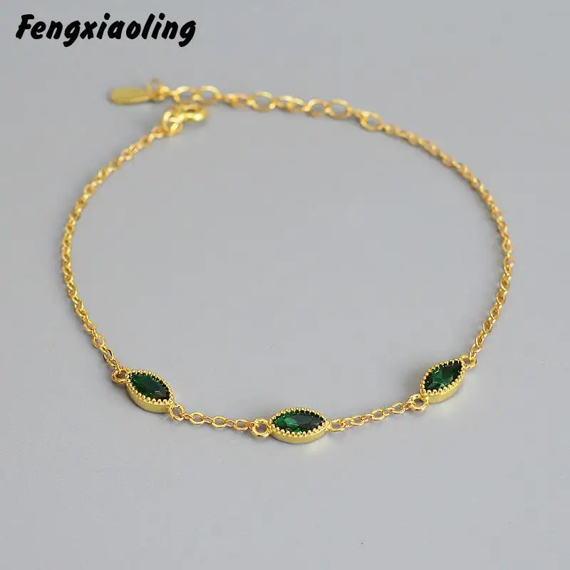 

Fengxiaoling Retro Lady Charm Bracelets For Women 925 Sterling Silver Three Emerald Zircon Sterling Silver Bracelets Jewelry