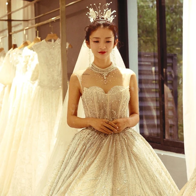 HLF56 2021 Newest Wedding Dress Luxury Lace Longsleeves Beading Pearls For Girls Bridal Gown свадебные украшения 4