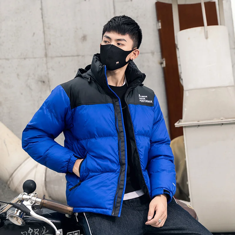 Зимняя куртка мужская теплая Модная однотонная Повседневная утолщенная куртка с воротником Мужская Уличная свободная хлопковая Парка мужская - Цвет: blue