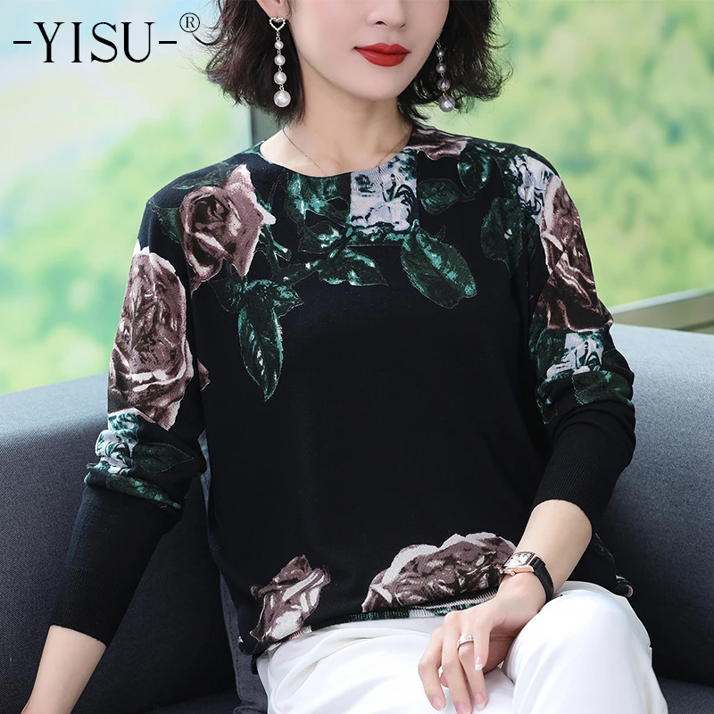 

YISU Fashion Sweater women Flower Green leaf Print Pullovers O-Neck Long sleeve Sweater 2019 Autumn Winter Knitted sweaters
