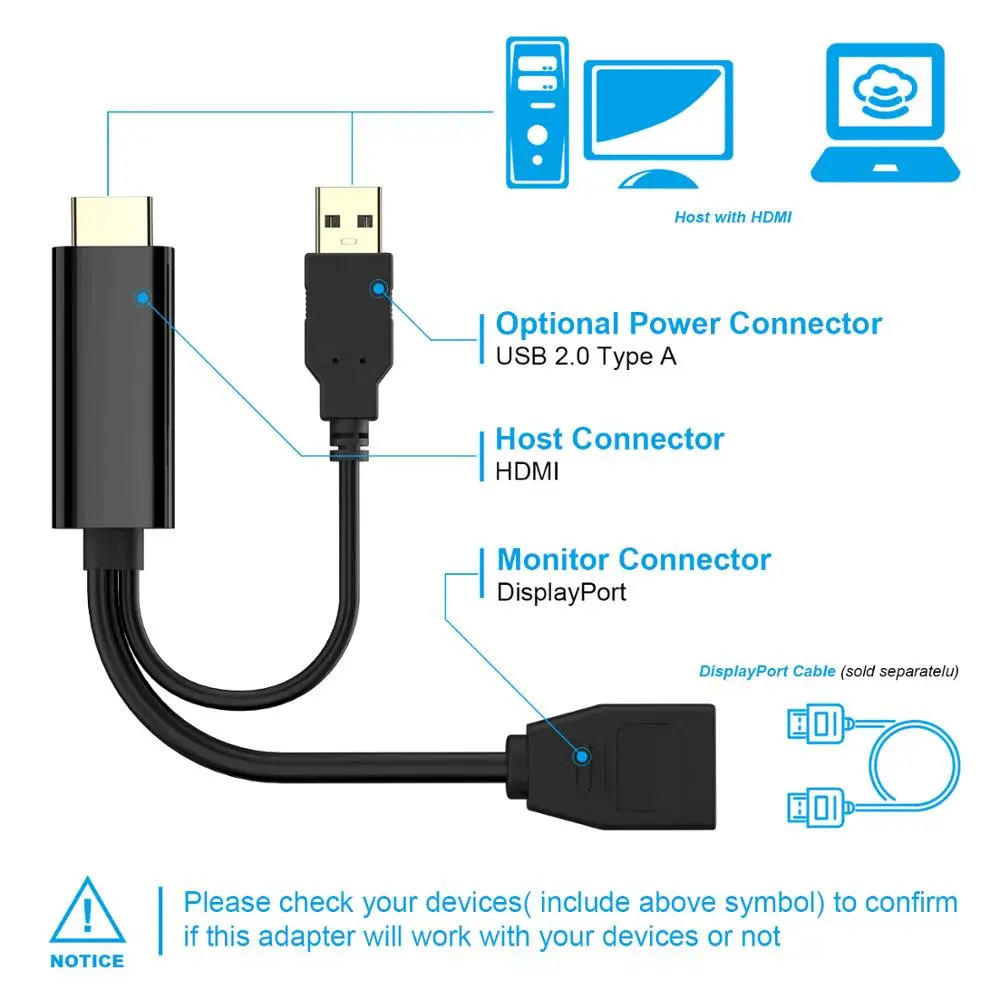 Адаптер HDMI Male Extensions 3840x2160 UHD 4K к DisplayPort Female кабель 15 см с USB 2 0 питанием для PC DP