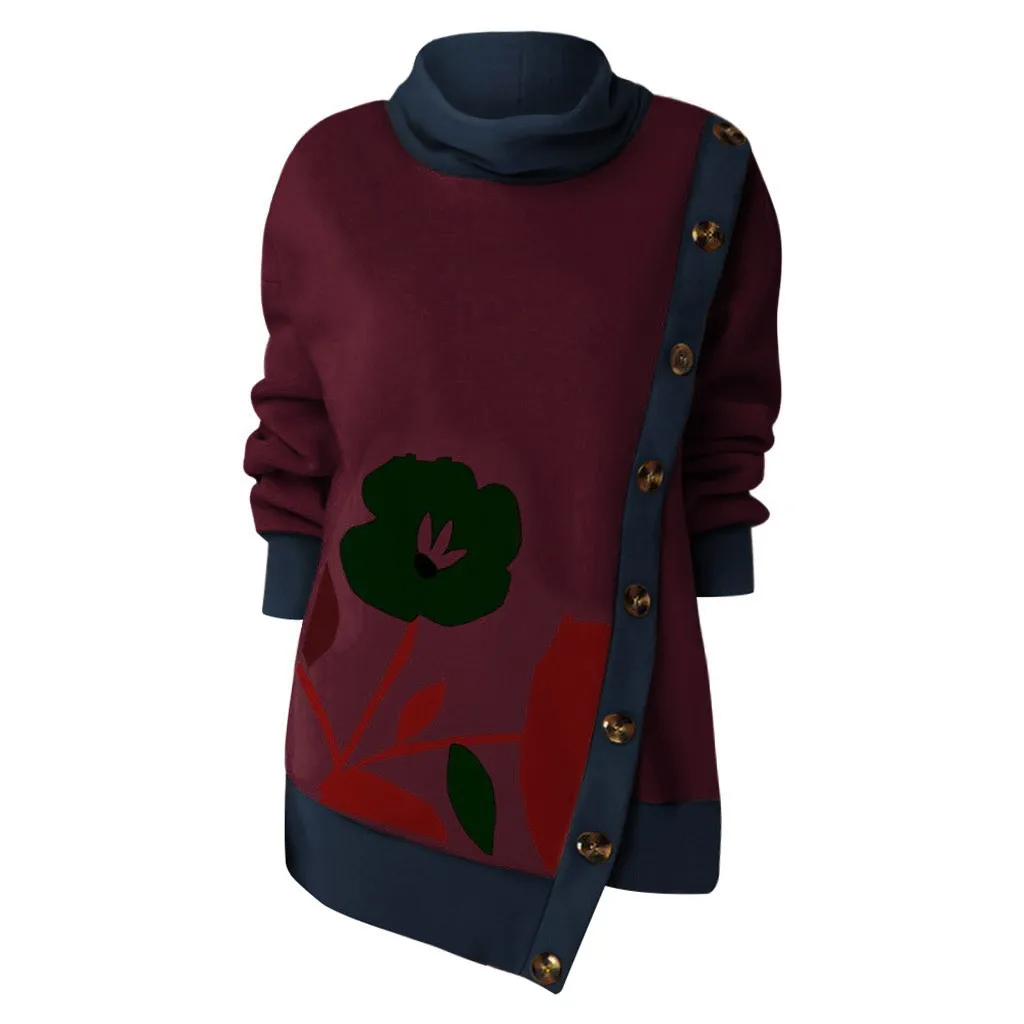 Autumn Sweatshirt Female Fashion Women Button Splice Print Long Sleeve O-Neck Sweatshirt Plus Size L-5XL sudadera mujer