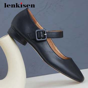 

Lenkisen european style leisure full grain leather square toe low round heel buckle straps pretty girls mature women pumps L01