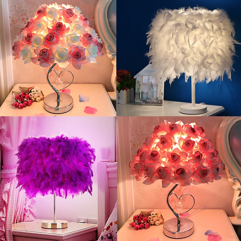 Creative Simple European Style Feather Table Lamp Bedroom Bedside Princess Wedding Room Warm LED Birthday Gift Rose Table Lamp
